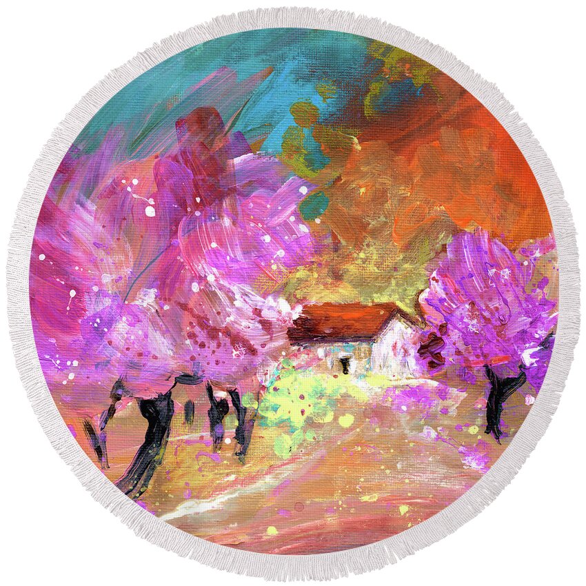 Landscape Round Beach Towel featuring the painting Almond Trees In Spain 2022 by Miki De Goodaboom