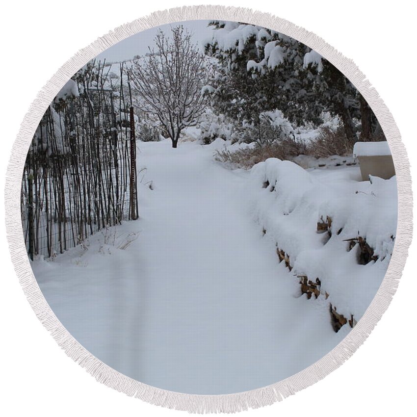 Snow Round Beach Towel featuring the photograph Along The Garden Path by Doug Miller