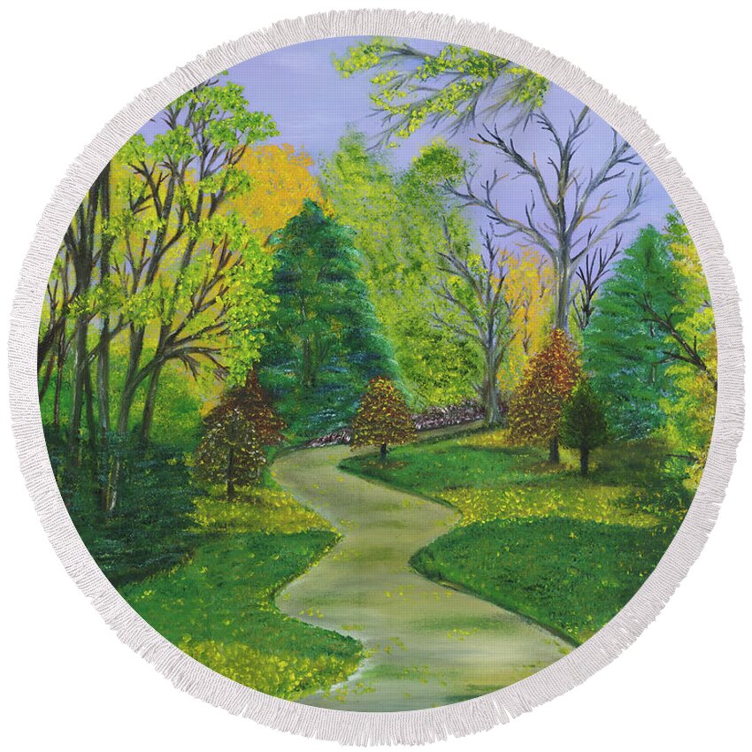 Acrylic Painting Round Beach Towel featuring the painting Along The Shunga Trail Too by The GYPSY and Mad Hatter