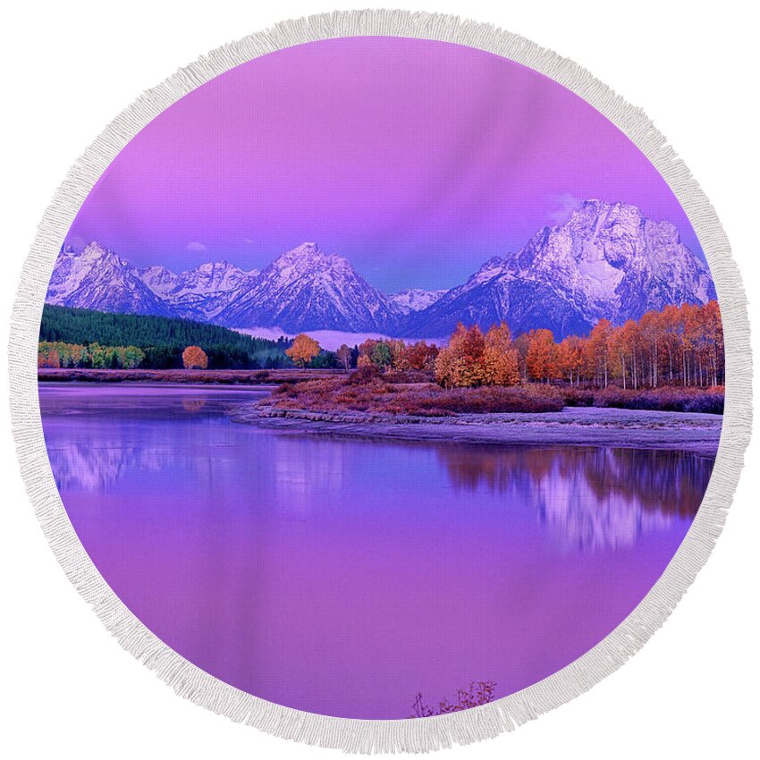 Dave Welling Round Beach Towel featuring the photograph Alpenglow Oxbow Bend Grand Tetons National Park Wyoming by Dave Welling