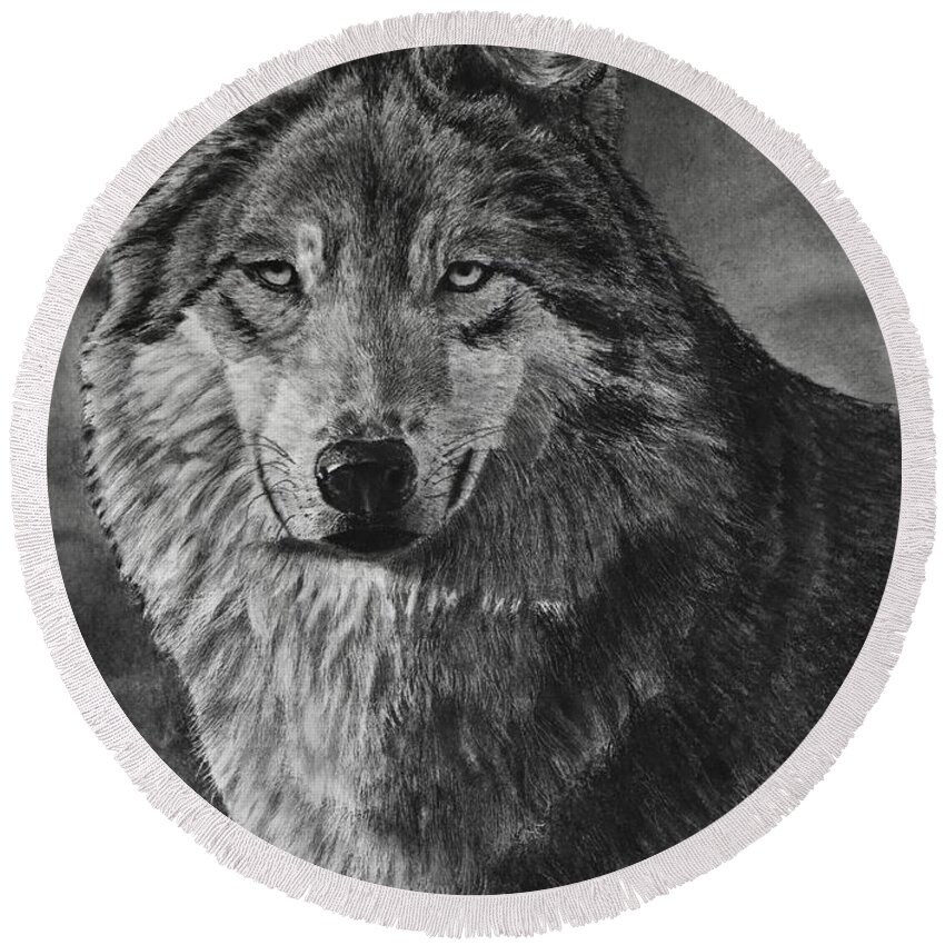 Wolf Round Beach Towel featuring the drawing Alpha by Greg Fox