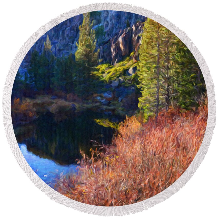 Alpine Round Beach Towel featuring the painting Alpine Lake by Trask Ferrero