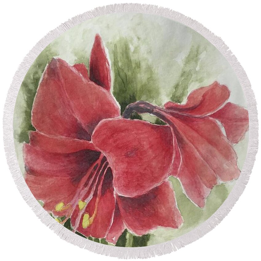 Amaryllis Round Beach Towel featuring the painting Amaryllis by Milly Tseng