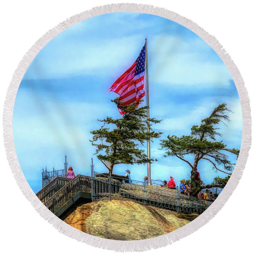 Chimney Rock Round Beach Towel featuring the digital art American Flag at Chimney Rock by Amy Dundon
