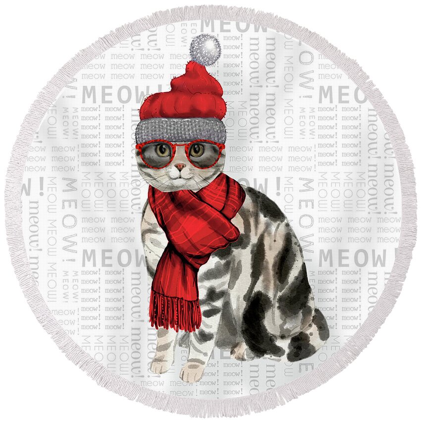 American Shorthair Round Beach Towel featuring the digital art American Shorthair Cat Breed Funny Christmas by Doreen Erhardt