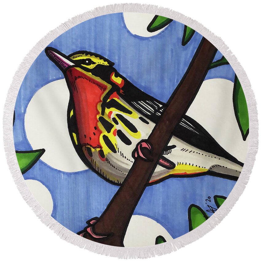 American Warbler Round Beach Towel featuring the drawing American Warbler by Creative Spirit