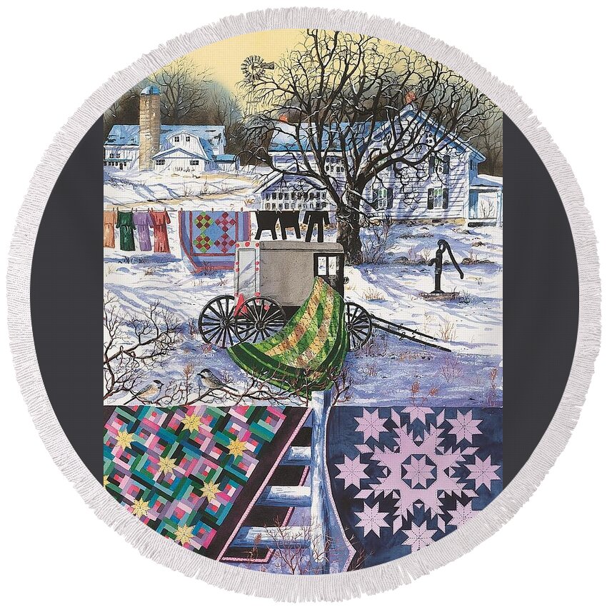 Quilts Round Beach Towel featuring the painting Amish Winter by Diane Phalen