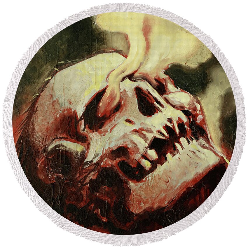 Skull Round Beach Towel featuring the painting Smoking Skull by Sv Bell