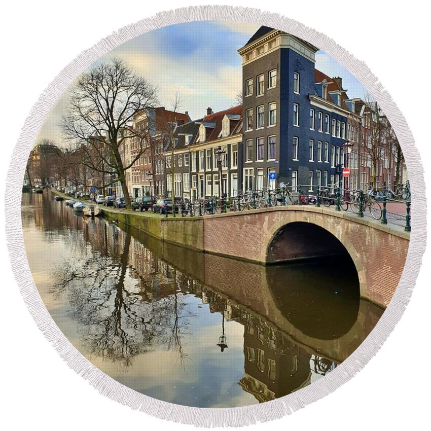 Amsterdam Round Beach Towel featuring the photograph Amsterdam Winter Reflections by Andrea Whitaker