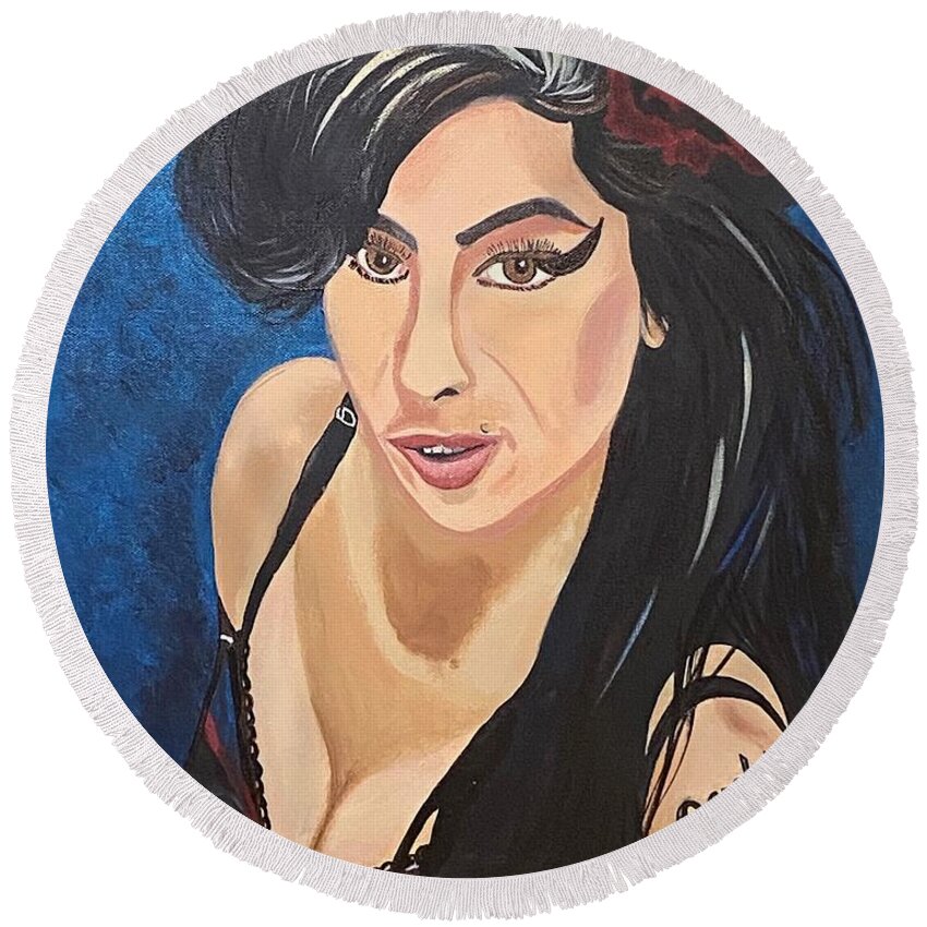  Round Beach Towel featuring the painting Amy Winehouse-Lioness by Bill Manson