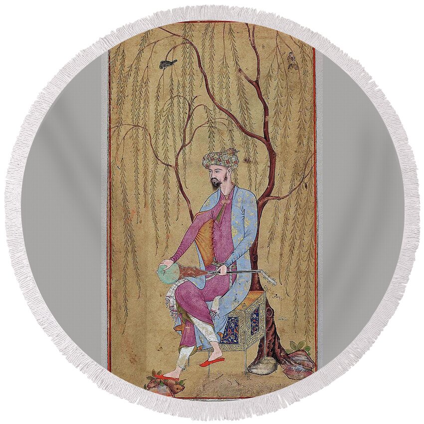 An Elegant Man Seated Under A Willow Tree Aqa Riza (persian Round Beach Towel featuring the painting An Elegant Man Seated under a Willow Tree Aqa Riza by Artistic Rifki