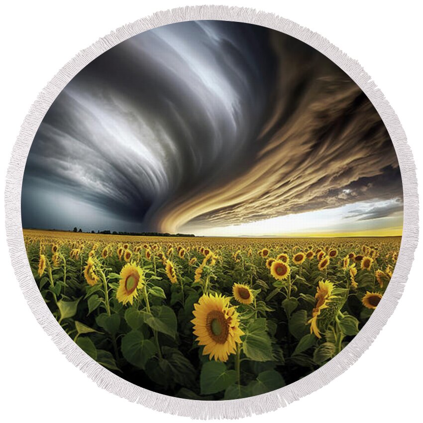  Tornado Round Beach Towel featuring the digital art An expansive field of sunflowers stretches out beneath a dramatic sky with swirling clouds by Odon Czintos