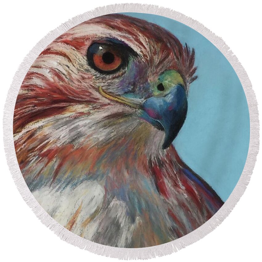 Bird Of Prey Round Beach Towel featuring the pastel An Eye on You by Lyn DeLano