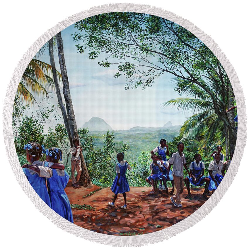 Caribbean Round Beach Towel featuring the painting An Fweshe Pye Chennet-la by Jonathan Guy-Gladding JAG