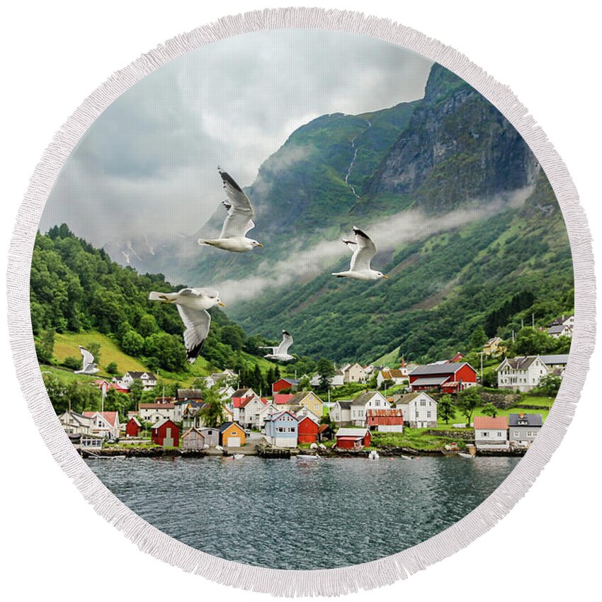 Norway Round Beach Towel featuring the photograph An Idyllic Village On The Edge Of A Fjord by Elvira Peretsman
