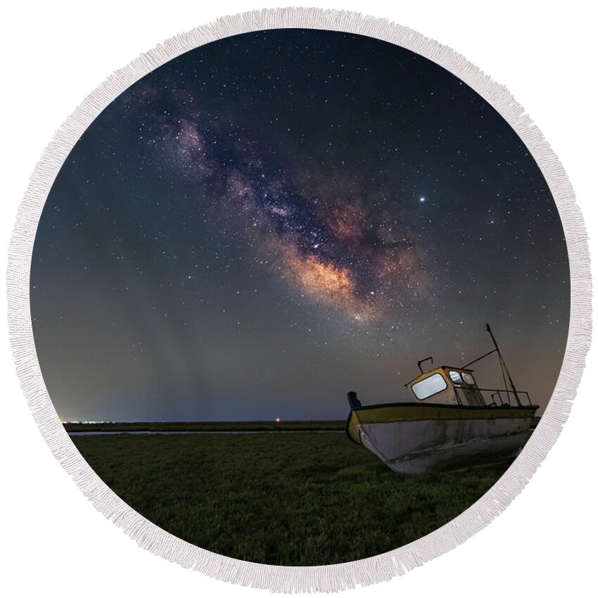 Milky Way Round Beach Towel featuring the photograph An old boat under the milkyway by Alexios Ntounas