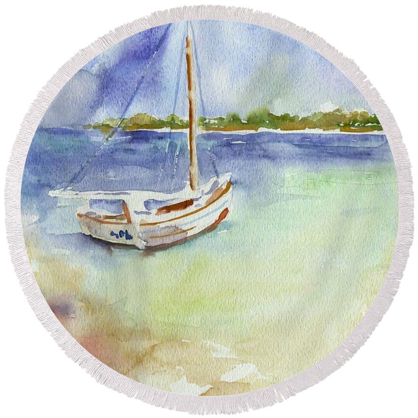 Boat Round Beach Towel featuring the painting Anchored by Mafalda Cento
