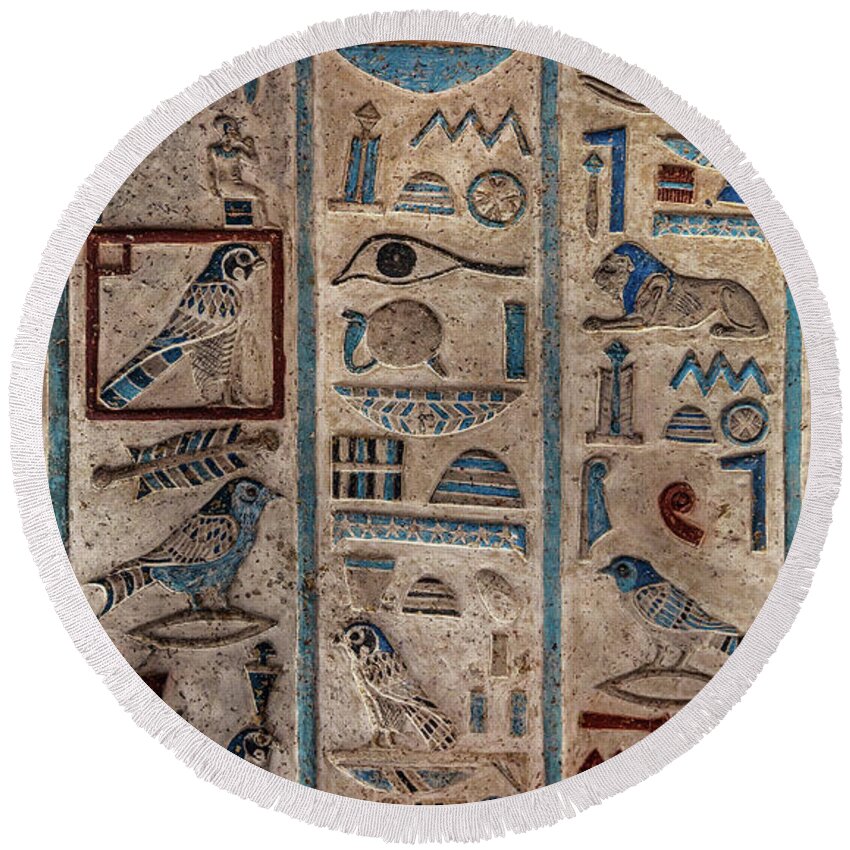 Egypt Round Beach Towel featuring the relief Ancient Egypt Color Hieroglyphics by Mikhail Kokhanchikov