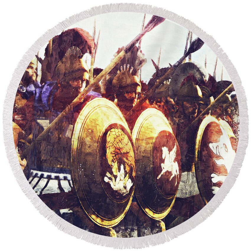 Greek Warrior Round Beach Towel featuring the painting Ancient Greek Hoplite - 06 by AM FineArtPrints