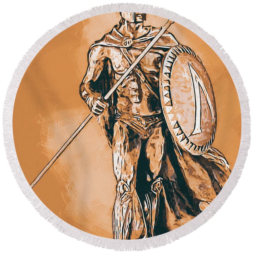 Spartan Warrior Round Beach Towel featuring the painting Ancient Warriors, Spartiates - 04 by AM FineArtPrints