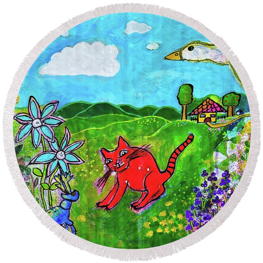 Cat Round Beach Towel featuring the mixed media And Who Are You - Und Wer Bist Du by Mimulux Patricia No