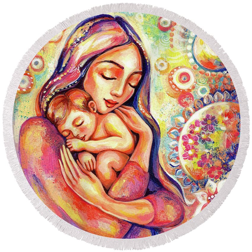 Mother And Child Round Beach Towel featuring the painting Angel Dream by Eva Campbell