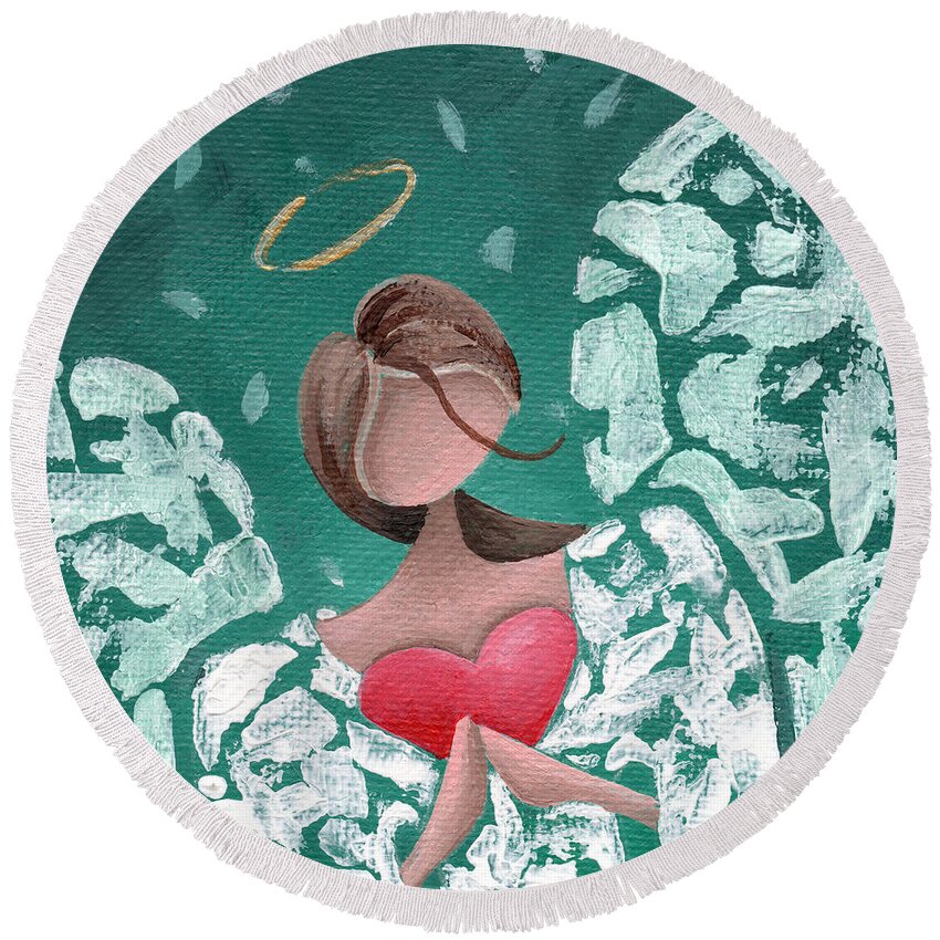 Angel Round Beach Towel featuring the painting Angel Hearted - Teal Square by Annie Troe