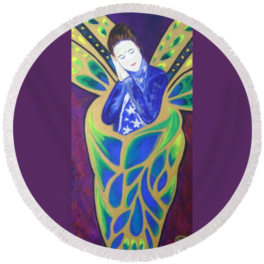 Angel Of Dreams Round Beach Towel featuring the painting Angel of Dreams by Therese Legere