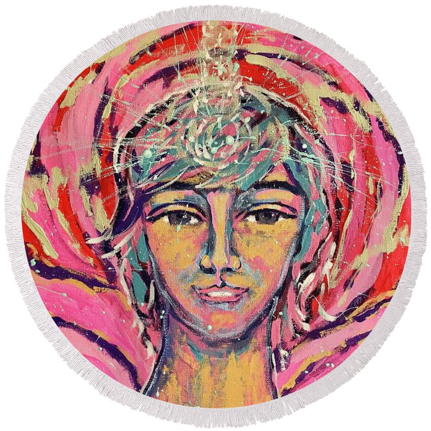 Portrait Round Beach Towel featuring the painting Angel Seraph Jeliel, Love and wisdom by Monica Elena