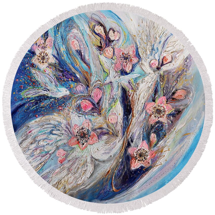 Angel Round Beach Towel featuring the painting Angel Wings #22. The Blossoming on Blue by Elena Kotliarker