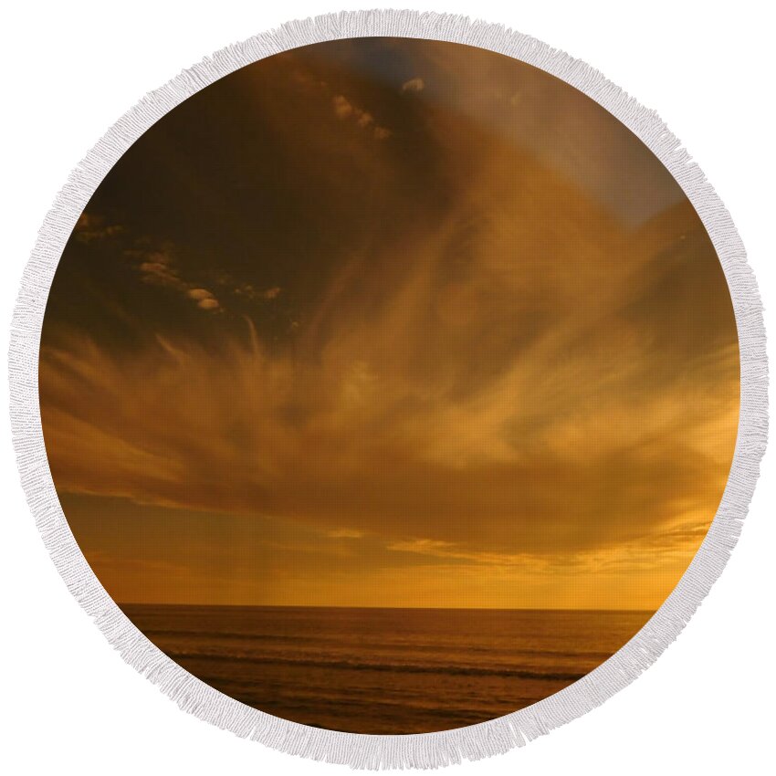 Beach Round Beach Towel featuring the photograph Angelic Sunset by Karen Stansberry