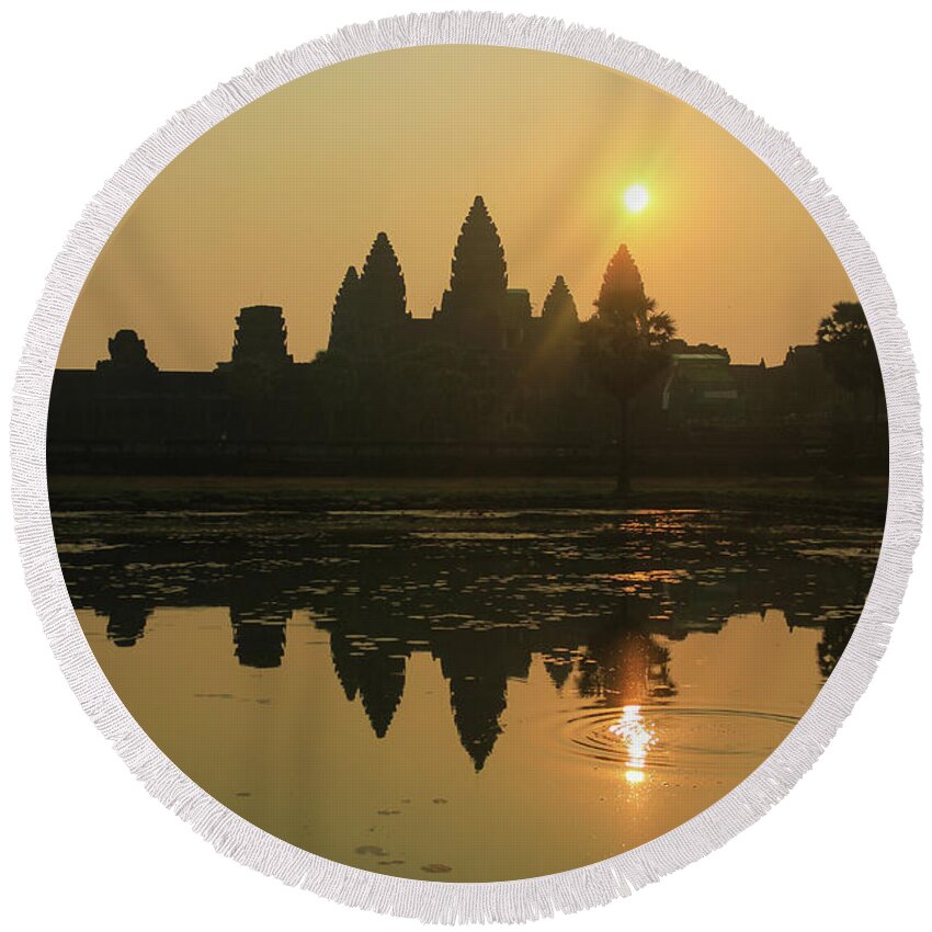 Angkor Wat Round Beach Towel featuring the photograph Angkor Wat Sunrise by Josu Ozkaritz