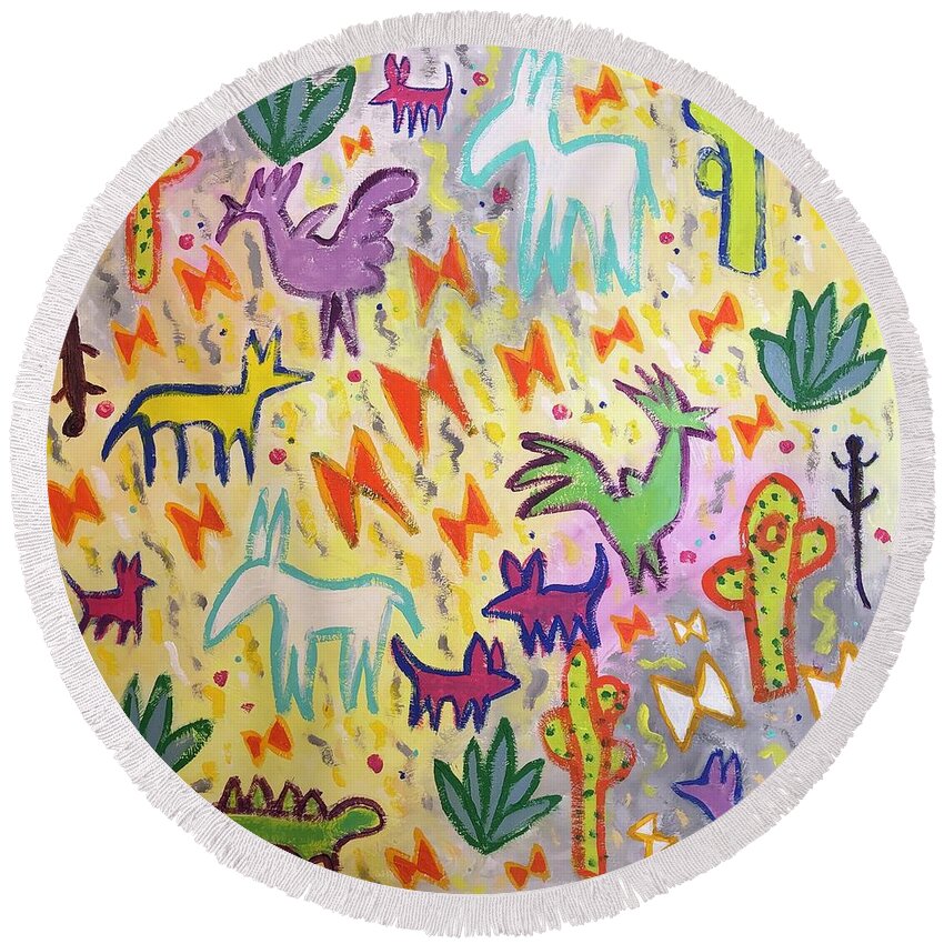 Animals Round Beach Towel featuring the painting Animalitos by Cyndie Katz