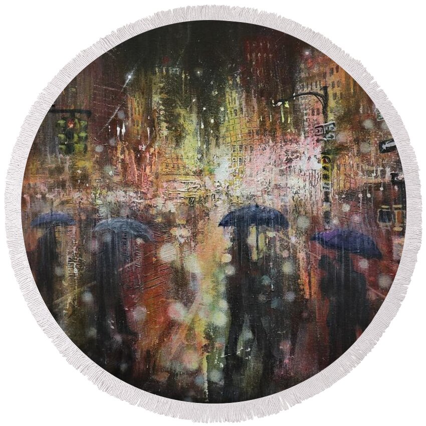 City At Night Round Beach Towel featuring the painting Another Stormy Night by Tom Shropshire