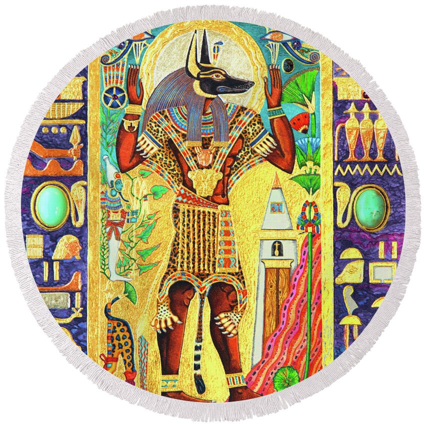 Anpu Round Beach Towel featuring the mixed media Anpu Lord of the Sacred Land by Ptahmassu Nofra-Uaa