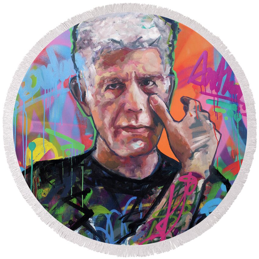 Anthony Bourdain Round Beach Towel featuring the painting Anthony Bourdain II by Richard Day