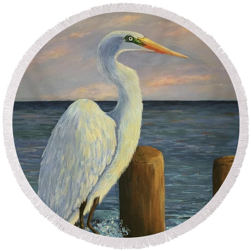 Egret Round Beach Towel featuring the painting Anticipation by Jane Ricker