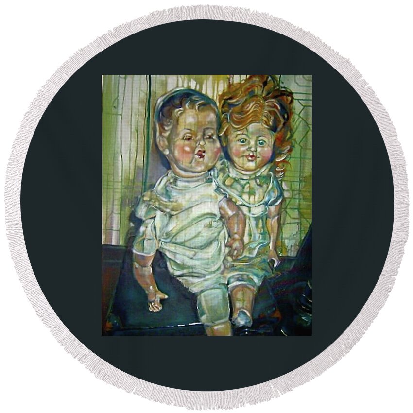  Round Beach Towel featuring the painting Antique Dolls by Try Cheatham