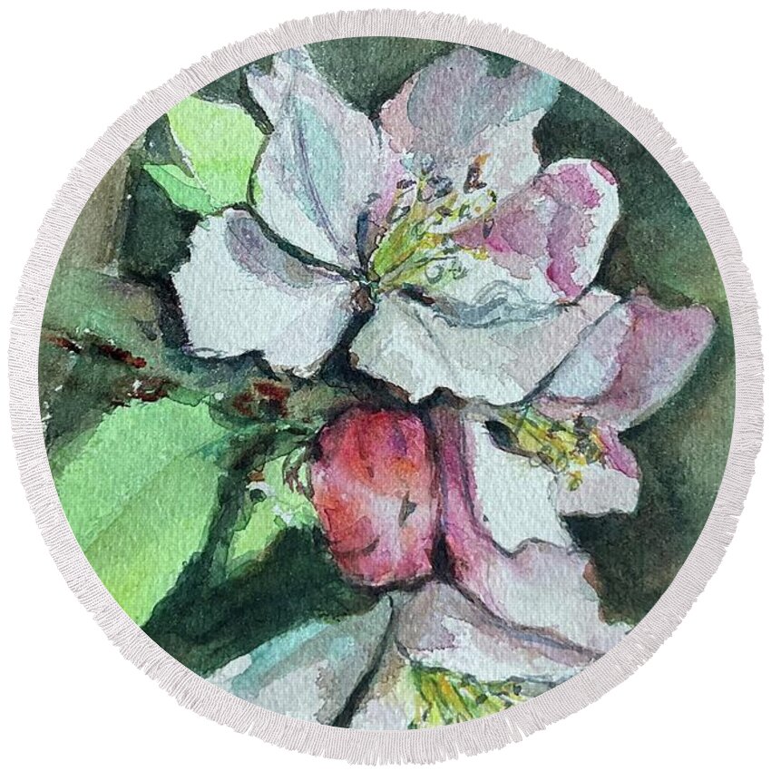 Blossoms Round Beach Towel featuring the painting Apple Blossoms by Sonia Mocnik