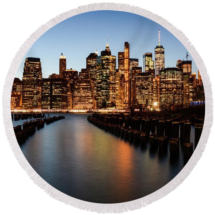 New York Round Beach Towel featuring the photograph Apple Empire - Lower Manhattan Skyline. New York City by Earth And Spirit