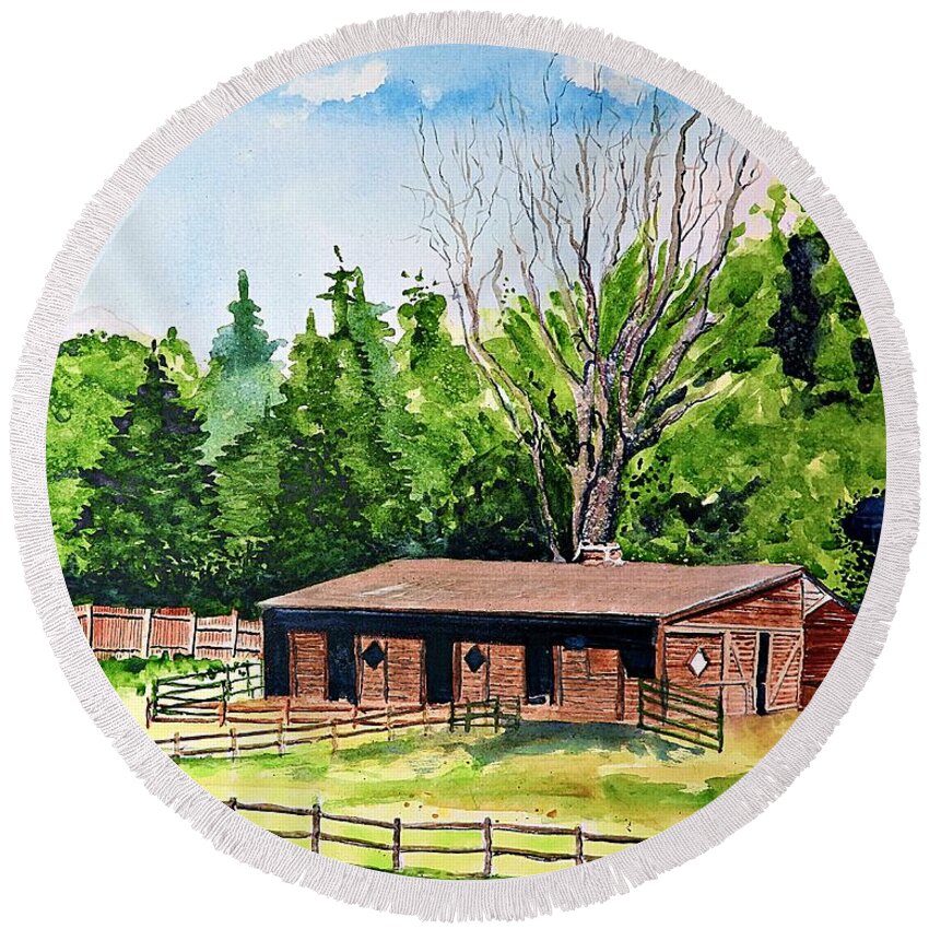 Applewood Estates Round Beach Towel featuring the painting Applewood Horse Barn by Tom Riggs