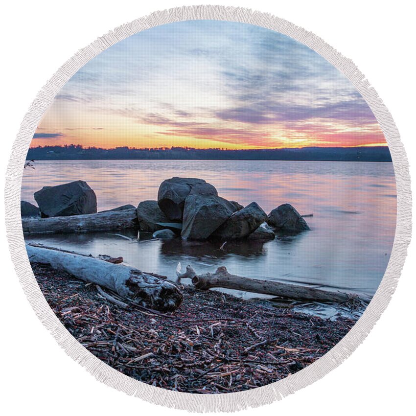 Hudson River Round Beach Towel featuring the photograph April Fools Sunrise on the Hudson by Jeff Severson