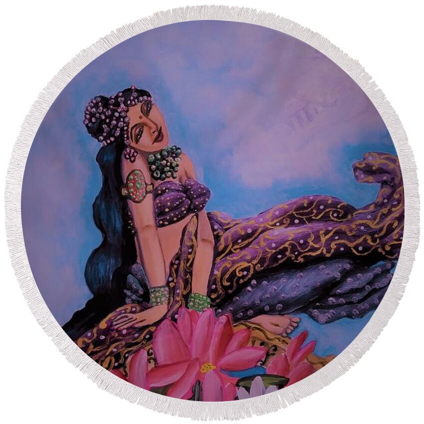 Apsara Round Beach Towel featuring the painting Celestial dancer in her abode by Tara Krishna