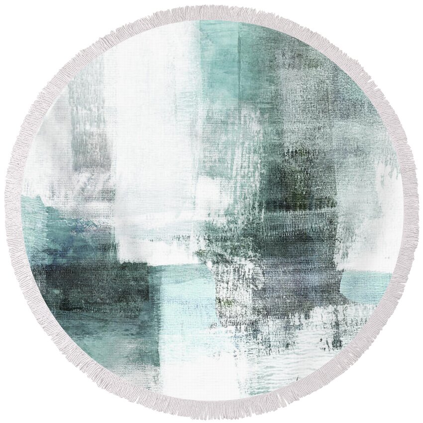 Aqua Round Beach Towel featuring the painting Aqua Blue and Grey Modern Abstract Landscape Painting by Janine Aykens