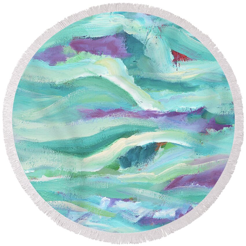 Abstract Round Beach Towel featuring the painting Aqua Seascape by Maria Meester
