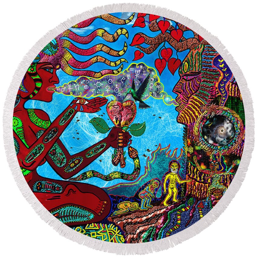 Visionary Round Beach Towel featuring the mixed media Aquarian Shamaness and The Tree Spirit by Myztico Campo