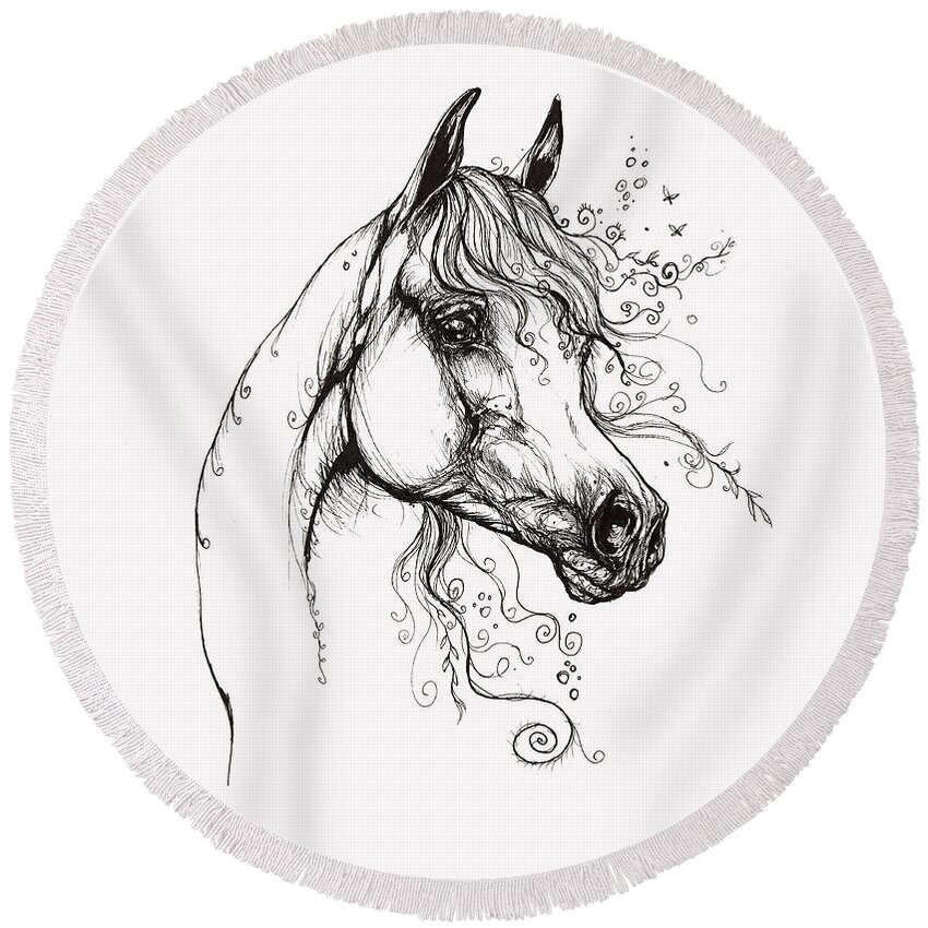  Round Beach Towel featuring the drawing Arabian Horse Drawing 9 by Ang El