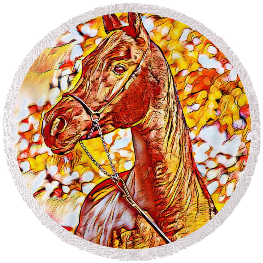 Arabian Horse Round Beach Towel featuring the digital art Arabian horse sitting in front of a tree - warm colors digital art by Nicko Prints