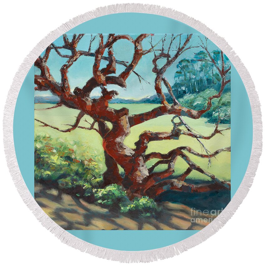 Oak Round Beach Towel featuring the painting Arana Gulch Oak, 2019 by PJ Kirk