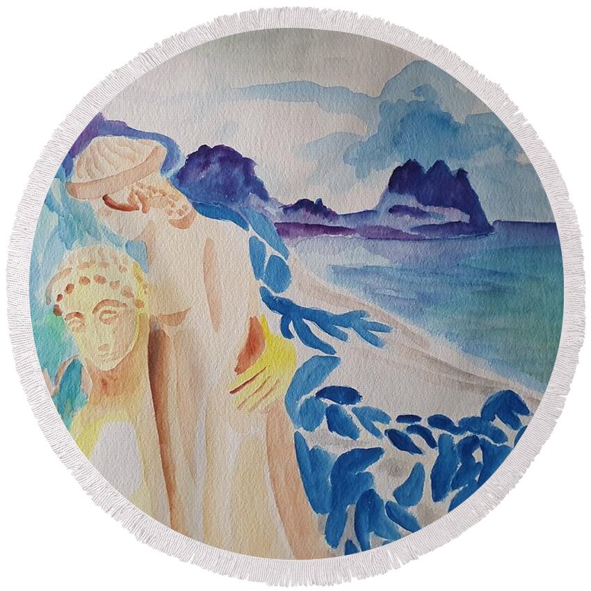 Classical Greek Sculpture Round Beach Towel featuring the painting Archaic Couple and the Sea by Enrico Garff